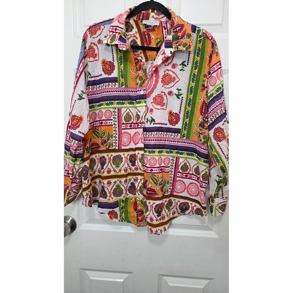 Calypso St Barth Patchwork Floral Cotton Shirt Womens Large Multicolor Boho Top